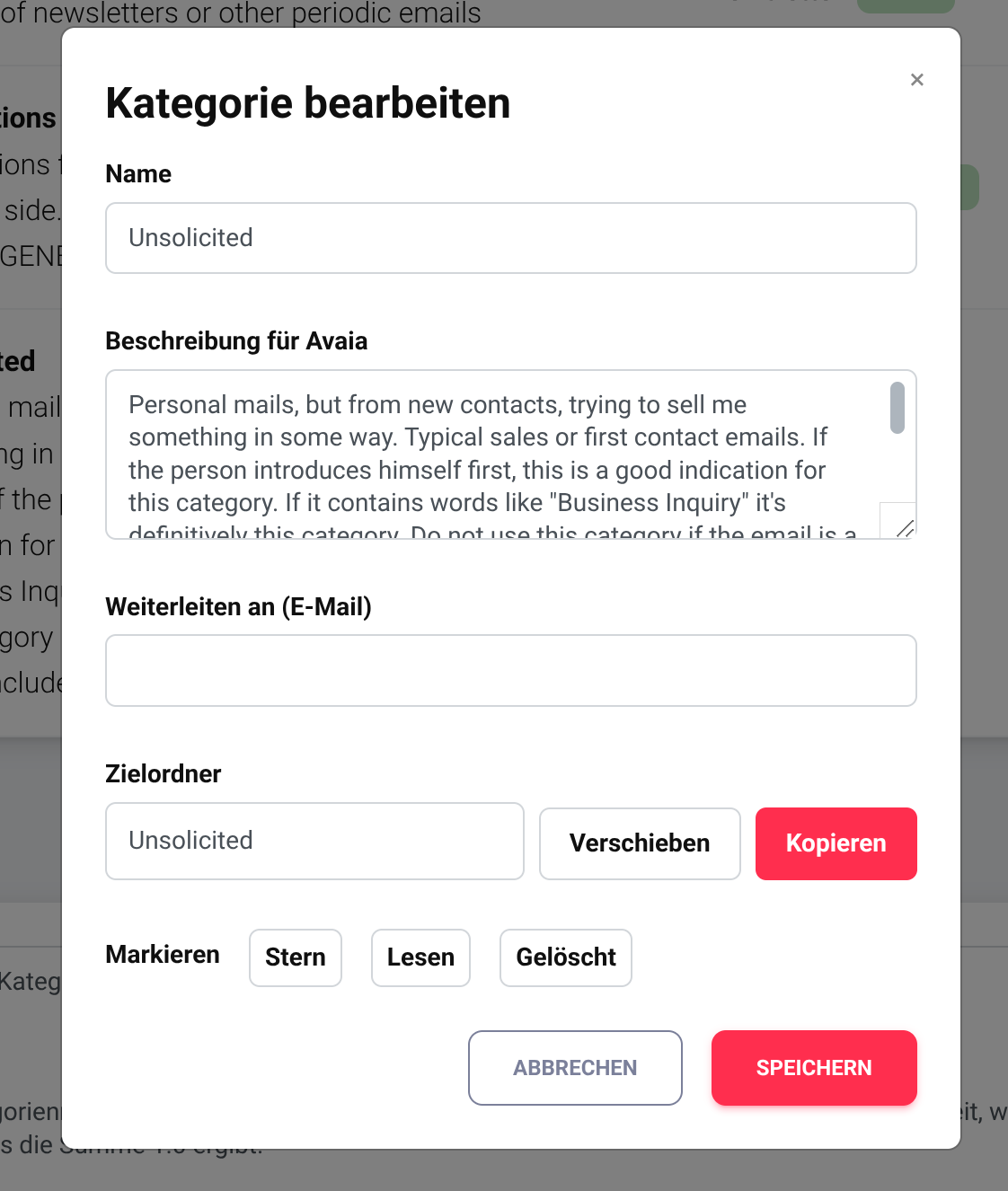 Screenshot der Kategorien-Konfiguration