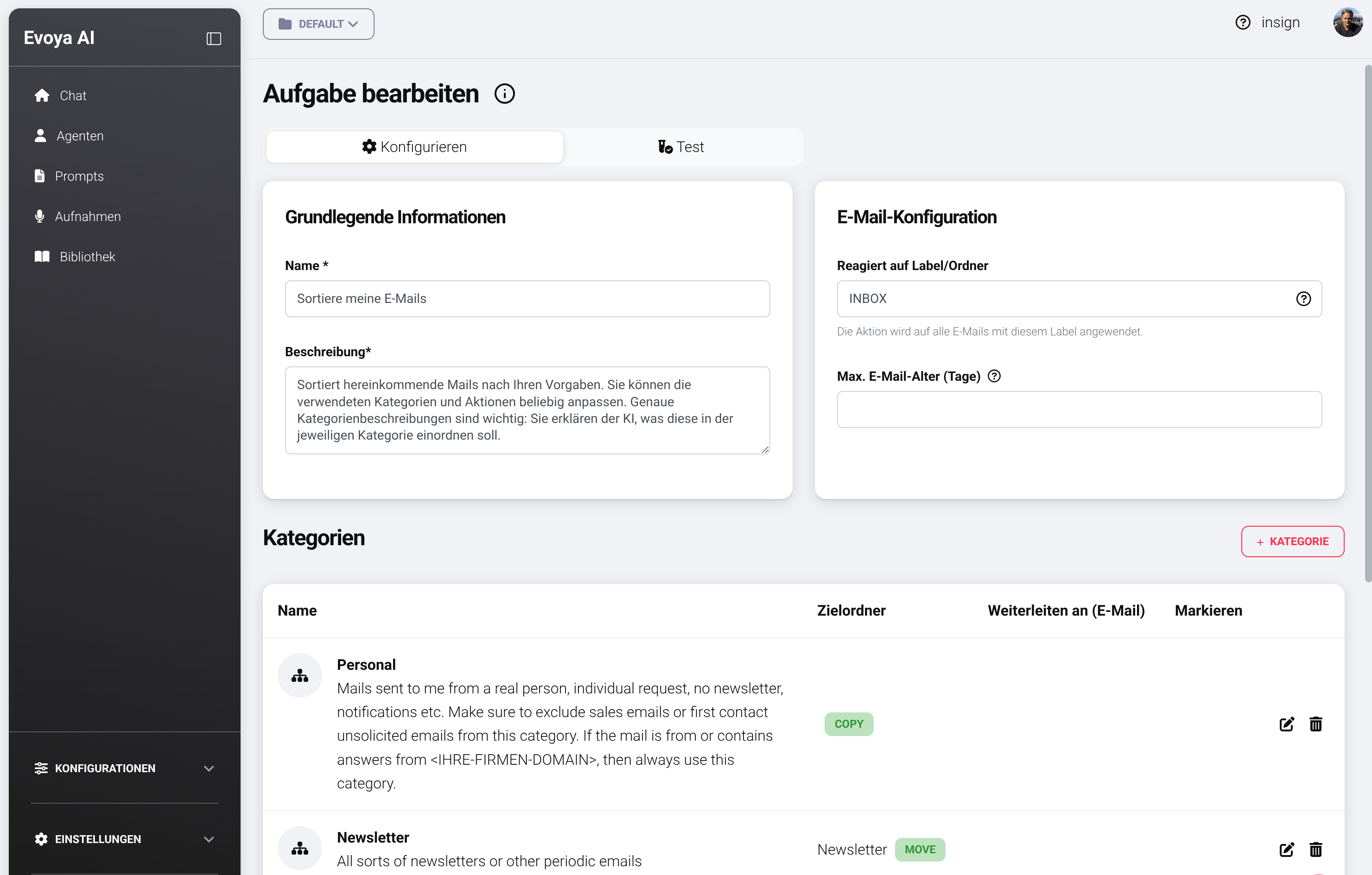 Screenshot der Aufgabenerstellung in Evoya