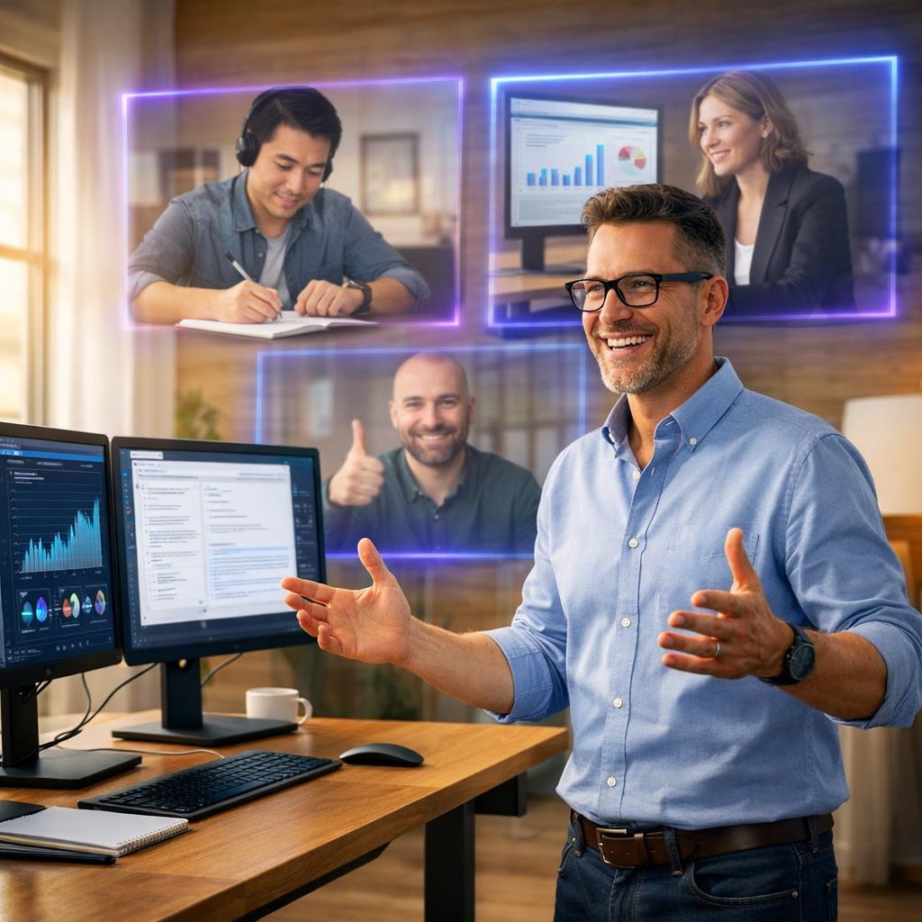 Berater präsentiert selbstbewusst vor Kunden mit technischer Partner-Unterstützung