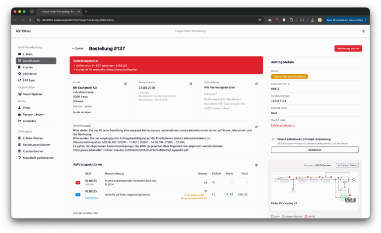 Detailansicht einer erfassten Bestellung mit Positionen