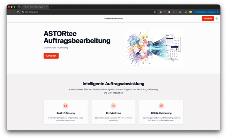Startseite der Evoya Order App mit Übersicht der Bestellungen